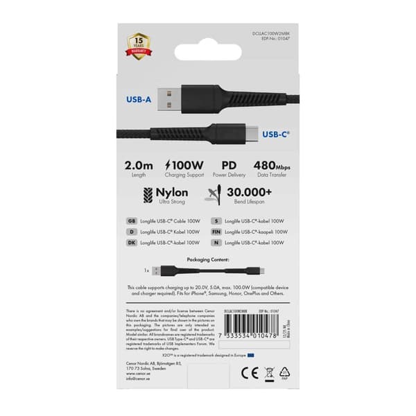 X2O Longlife 60W USB-A/C-kabel 2 m sort