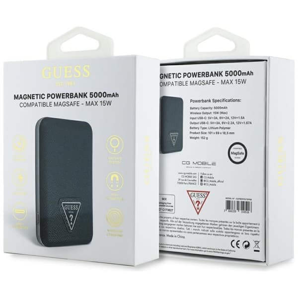 Guess MagSafe Langaton Varavirtalähde 5000mAh 15W USB-C Grained Triangle Inductive