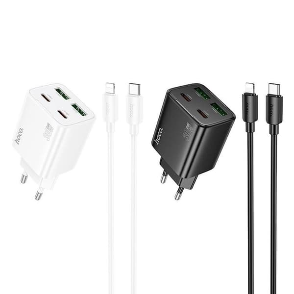 Hoco Hurtigoplader PD 30W 2xUSB-A 2xUSB-C QC3.0 3A med Lightning Kabel N56 - Hvid