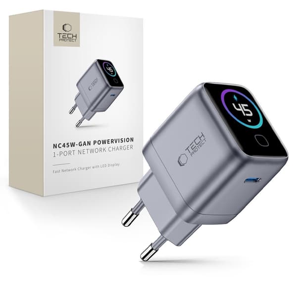 Tech-Protect PowerVision 45W GaN Vægoplader - Mørkegrå