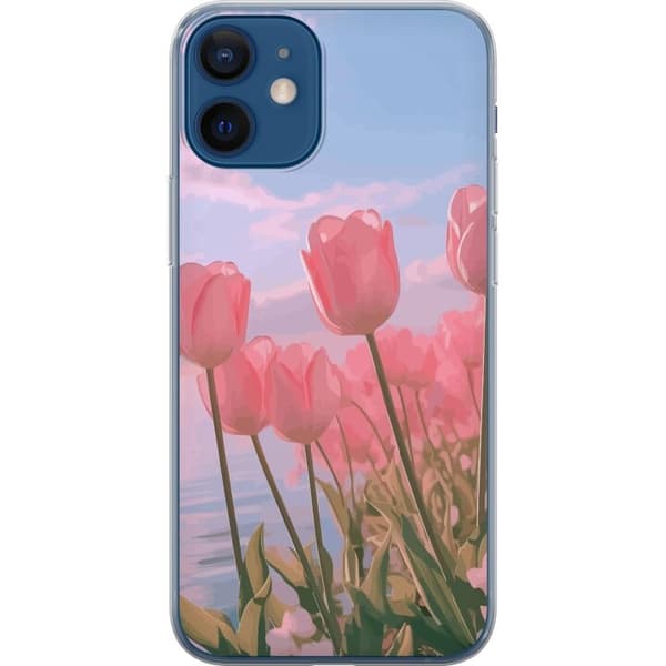 Taske til Apple iPhone 12 med lyserøde tulipaner