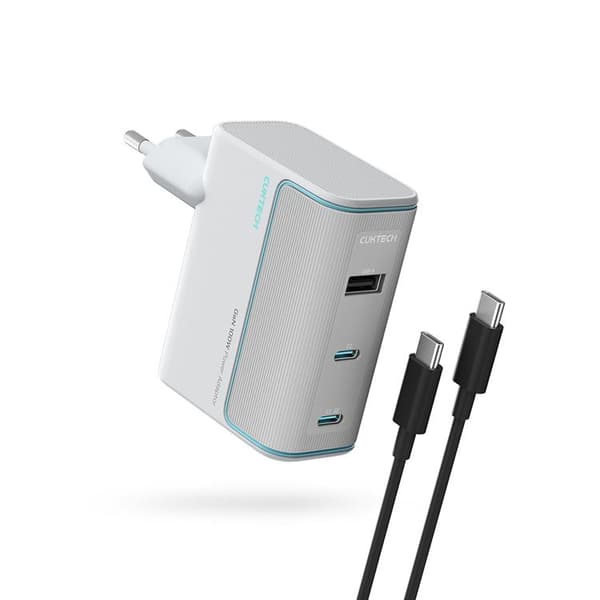Cuktech Hurtigoplader 100W GaN 2xUSB-C 1xUSB-A med Kabel AD1003EU - Hvid