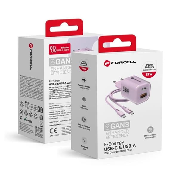 Forcell Hurtigoplader USB-A/USB-C 33W USB-C-kabel GaN III PD QC