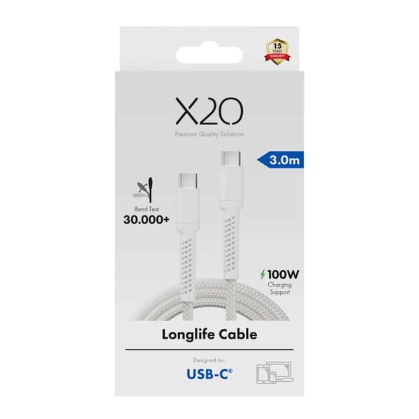 X2O Longlife 100W USB-C/C-kabel 3 m vit