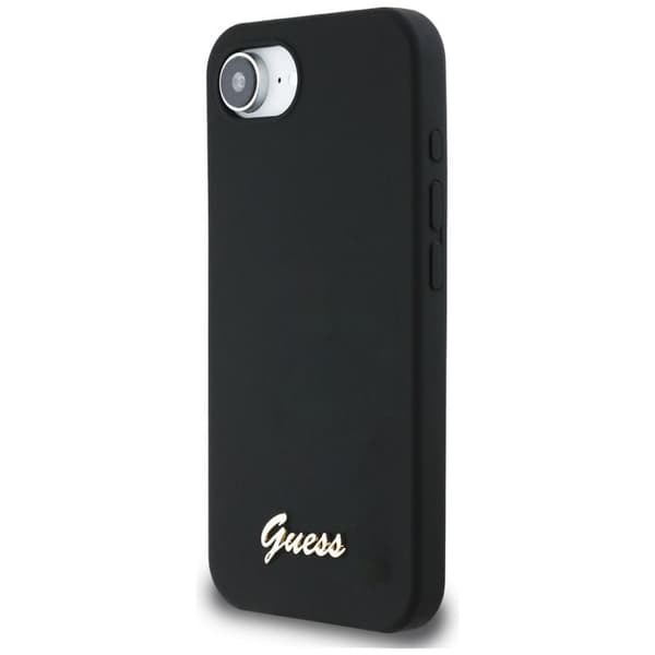 Guess-puhelinkotelo iPhone 16e MagSafe silikonisella Script Metal -logolla