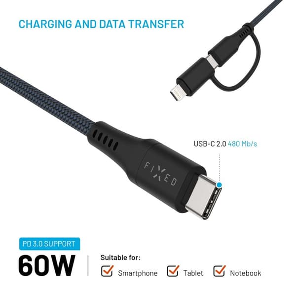 FIXED 2in1 Combo 60W USB-C/Lightning-kaapeli 1.2m Musta