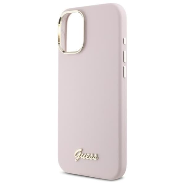 Guess telefontaske til iPhone 16 Silicone Script Metal Logo - Lyserød