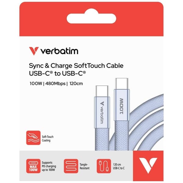 Verbatim USB-C–USB-C-kaapeli 100W Soft Touch 1.2m - Violetti