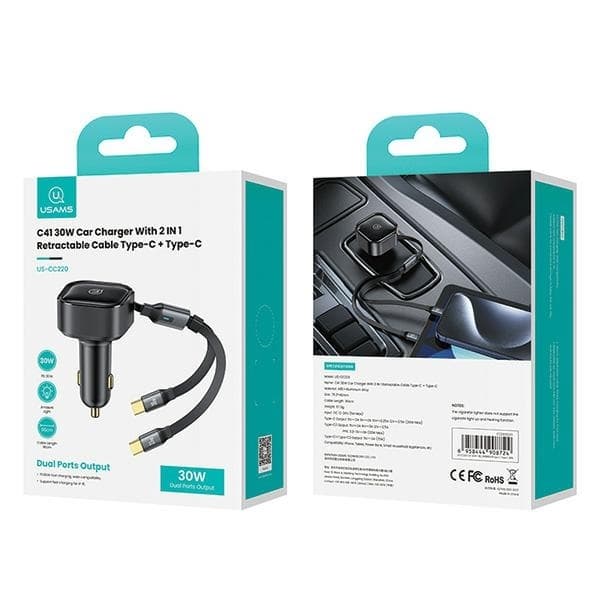 USAMS C41 Billaddare 30W 2xUSB-C med Kabel - Svart