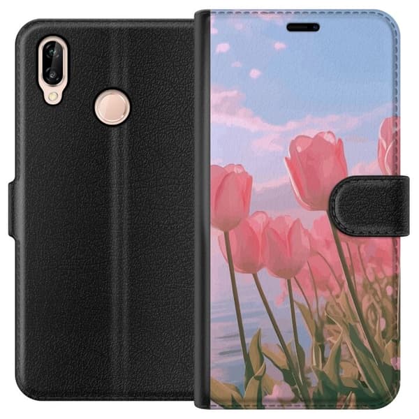 Pung Taske til Huawei P20 lite med Lyserøde Tulipaner