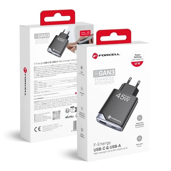 Forcell Hurtigoplader USB C til USB A 45W GaN III PD 3A - Sort