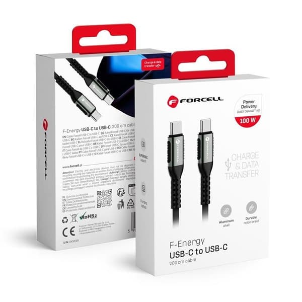Forcell USB-C till USB-C kabel 100W 2m QC4.0 PD 5A Cafule - Svart
