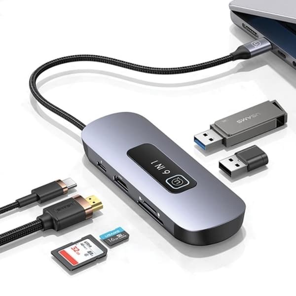 USAMS 6in1 Adapter Hubb 100W 2xUSB-A USB-C HDMI TF SD - Grå