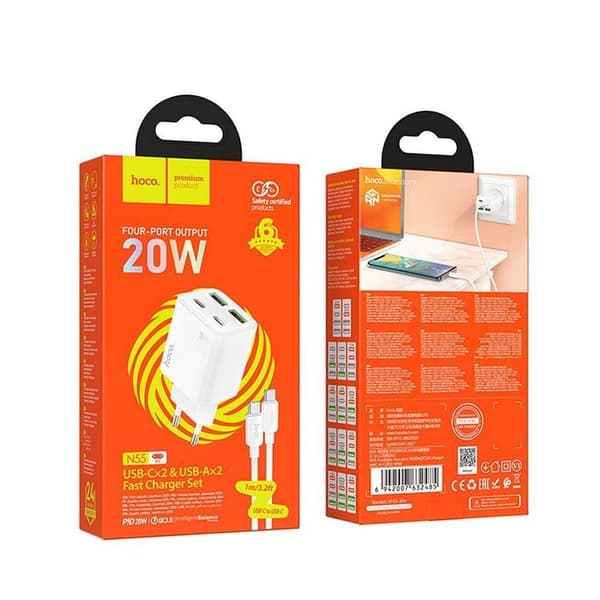 Hoco Snabbladdare PD 20W 2xUSB-A 2xUSB-C QC3.0 3A med USB-C Kabel N55 - Vit