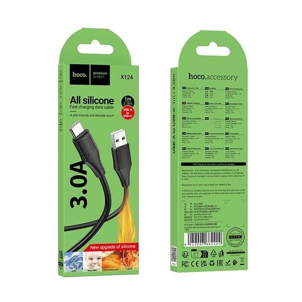 HOCO USB-A–USB-C-kaapeli 3A 1m silikoni X124 - Musta