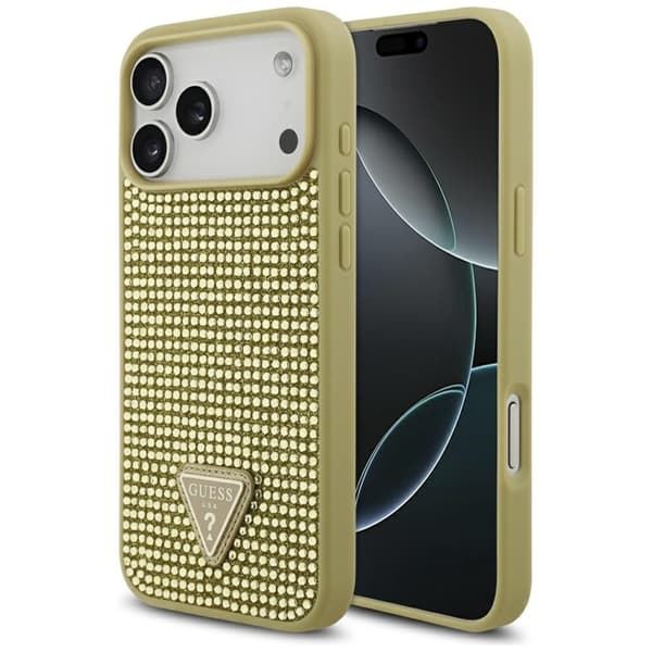 Guess Mobilcover til iPhone 17 Pro Rhinestone Triangle Logo - Guld