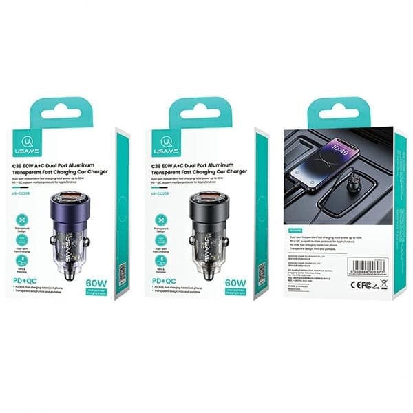 USAMS C39 Biloplader 60W 1xUSB-A 1xUSB-C - Lilla