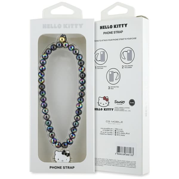 Hello Kitty -puhelinhihna Pearls Kitty Head Charm – Musta