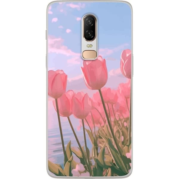 Taske til OnePlus 6 med lyserøde tulipaner