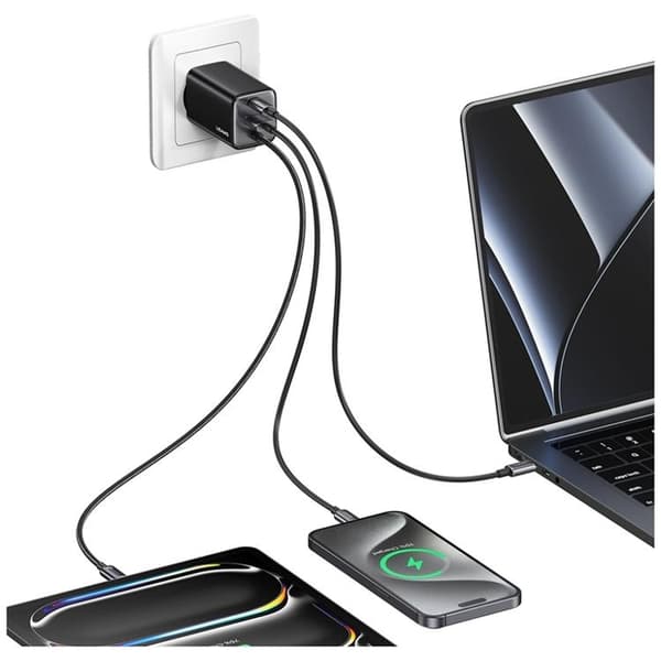 USAMS Snabbladdare 65W 2xUSB-C 1xUSB-A GaN JC - Vit