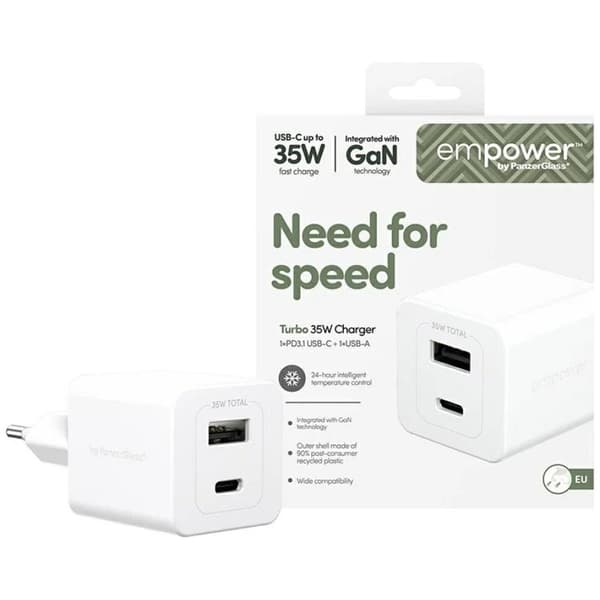 Empower by PanzerGlass Hurtigoplader 35W 1xUSB-C 1xUSB-A - Sølv