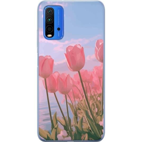 Telefontaske til Xiaomi Redmi Note 9 4G med lyserøde tulipaner