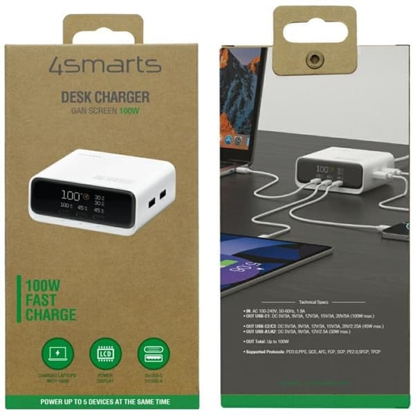 4smarts Ladestation 100W GaN 3xUSB-C 2xUSB-A med Display - Hvid