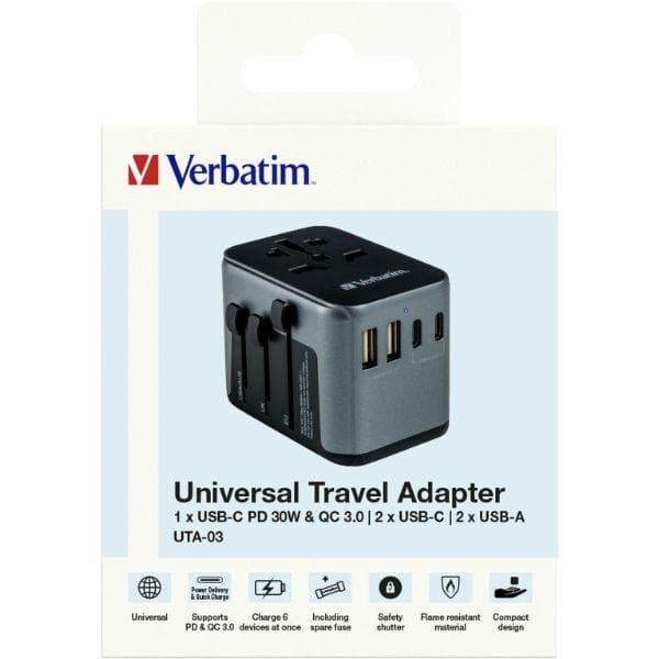 Verbatim Rejselader 30W PD 2xUSB-C 2xUSB-A EU/UK/USA - Sort