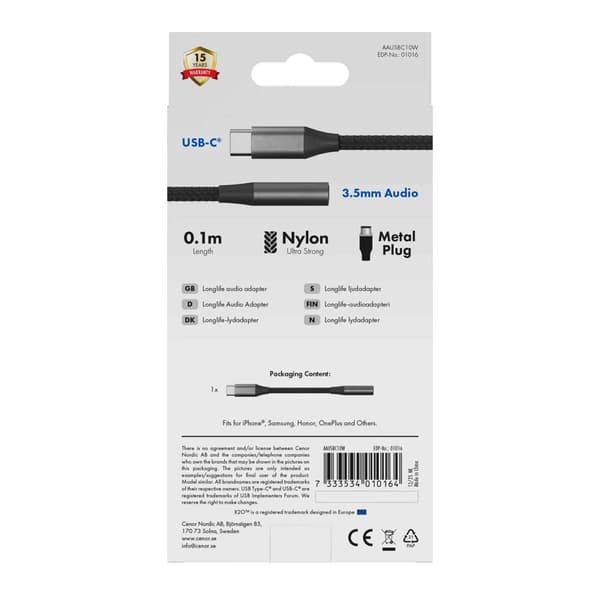 X2O Longlife USB-C lydadapter USB-C/3,5 mm 0,1 m sort