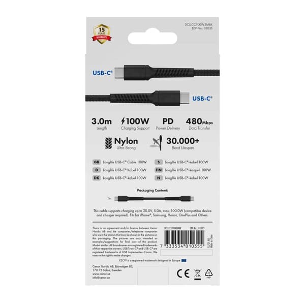 X2O Longlife 100W USB-C/C-kabel 3 m sort