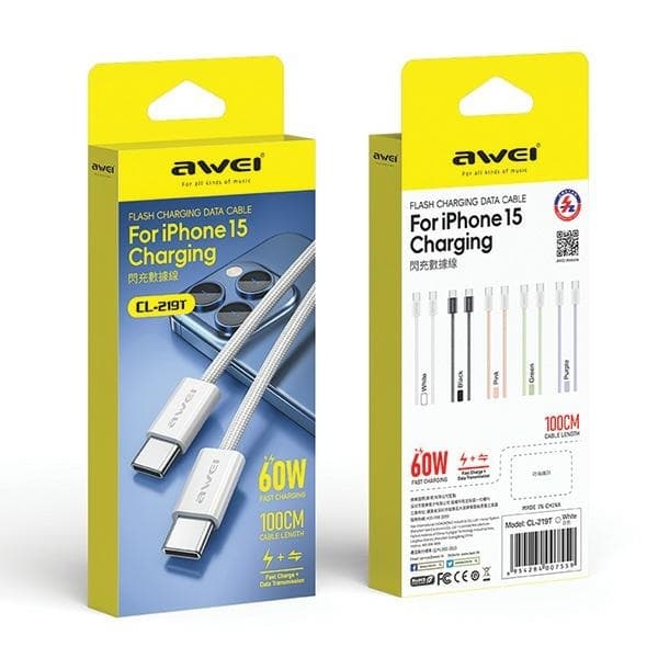 AWEI CL-219T Kabel USB-C–USB-C 60W iPhone 15 - Svart