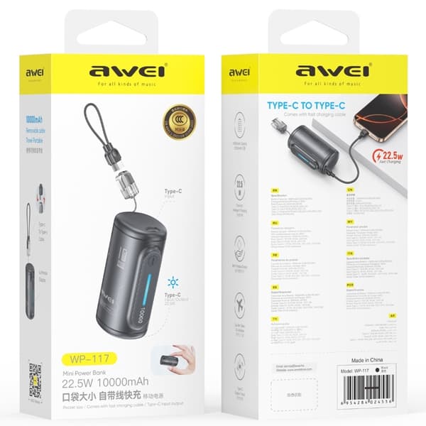 Awei Powerbank 10000mAh 22.5W 2xUSB-C WP-117 - Sort