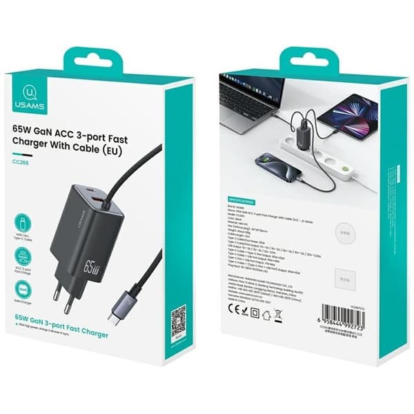 USAMS Hurtigoplader 65W 2xUSB-C 1xUSB-A GaN JC - Sort