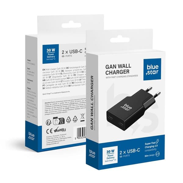 Blue Star Hurtigoplader PD 30W 2xUSB-C GaN QC4.0 3A - Sort