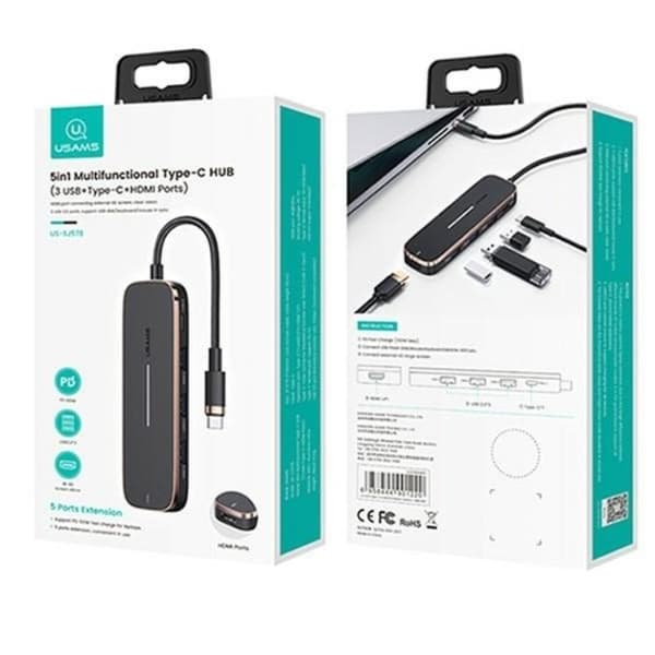 USAMS Adapterhub 3xUSB-A USB-C til HDMI - Sort