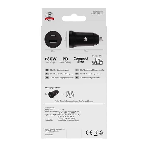 X2O 30W dobbelt biloplader USB-C/A sort