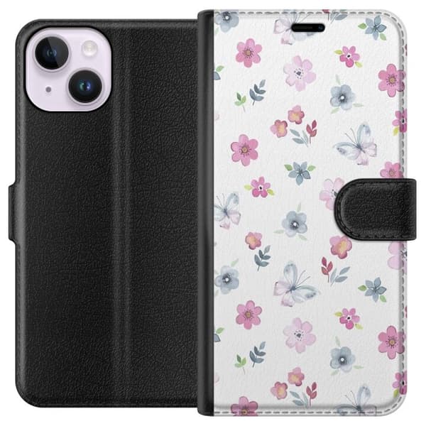 Apple iPhone 15 tegnebog med blomster og sommerfugle