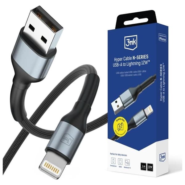 3MK USB-A til Lightning 12W Kabel 5V/2.4A 1m N-SERIE Hyper - Sort