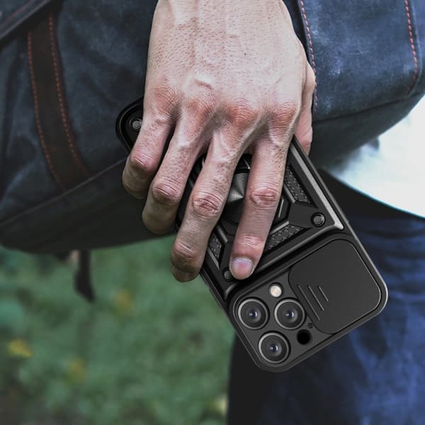 Telefontaske til iPhone 16 Pro Hybrid Armor Camshield - Sort