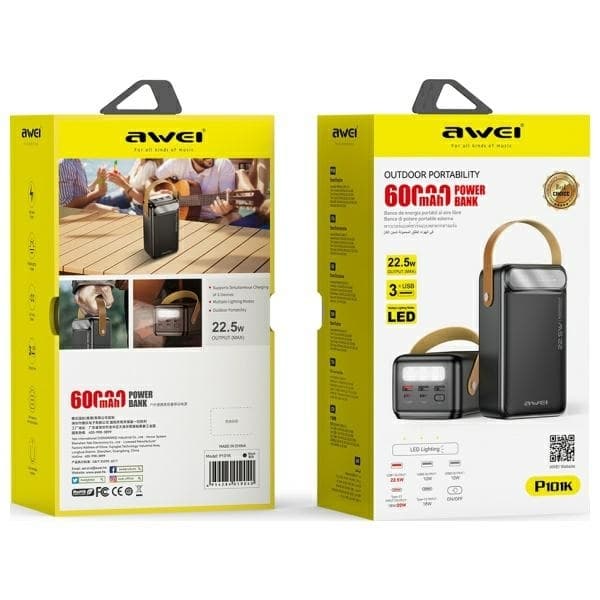 Awei Powerbank 60000mAh 22.5W - Sort