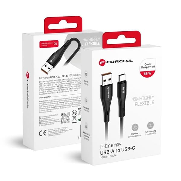 FORCELL USB-A til USB-C 66W Kabel 3A 1m QC4.0 Silikone C342 - Sort
