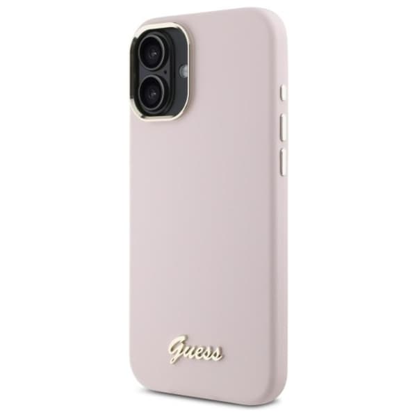 Guess Mobilskal till iPhone 16 Plus Silikon Script Metal Logo - Rosa