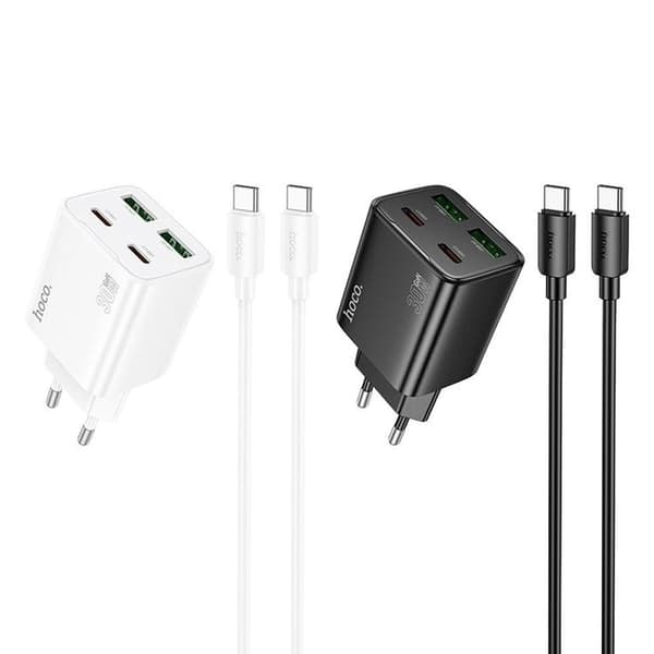 Hoco Snabbladdare PD 30W 2xUSB-A 2xUSB-C QC3.0 3A med USB-C Kabel N56 - Vit