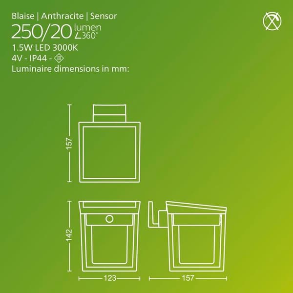 Philips Blaise Vägglampa Solcell LED 250/20lm - Svart