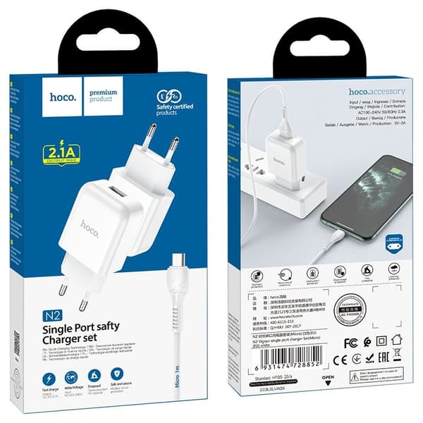 HOCO laddare USB-A 3A Snabbladdning micro-USB kabel 1m vit
