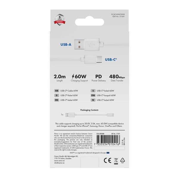 X2O Basic USB-A/C 60W -kaapeli 2 m valkoinen