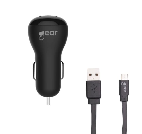 GEAR Oplader 12-24V 2xUSB 2.4A Sort MicroUSB Kabel flad 1m