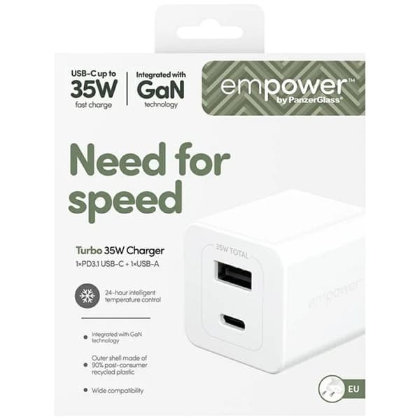 Empower by PanzerGlass Hurtigoplader 35W 1xUSB-C 1xUSB-A - Sølv