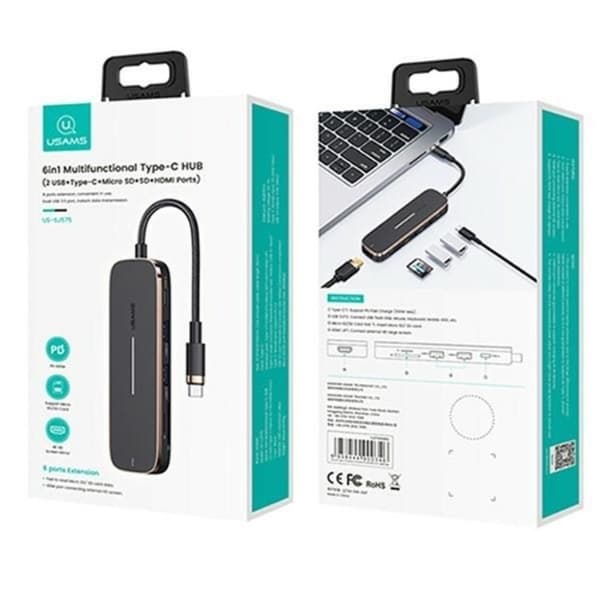 USAMS-sovitinnapa 2xUSB-A USB-C HDMI MicroSD SD - Musta