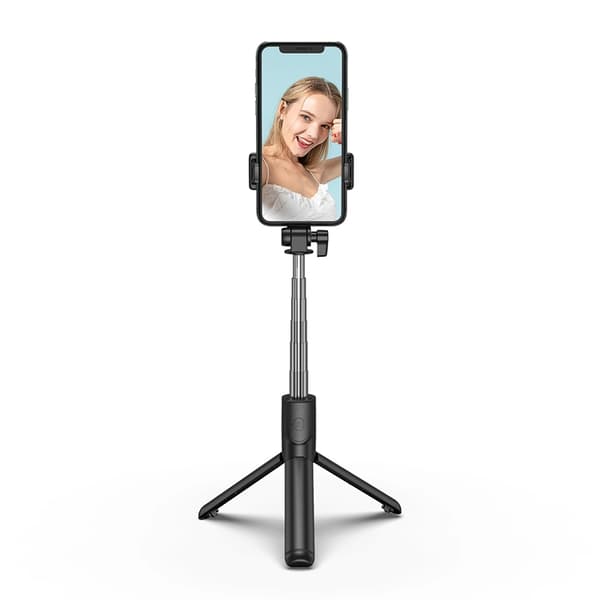 Selfiestick Teleskopstativ 1m med Telefonholder - Sort
